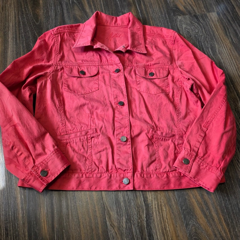 J. Jill Coral Pink Jacquard Leaf Cotton Trucker Jacket Womens Large L Button Up